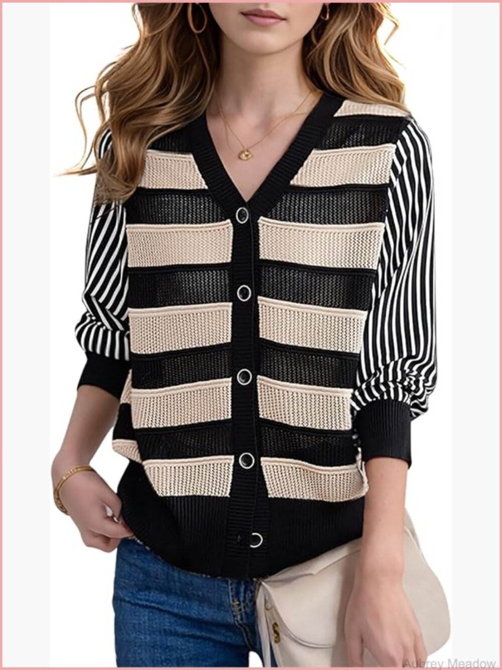 V-Neck Striped Cardigan Sweater Long Sleeve Button Down Casual Knit Tops